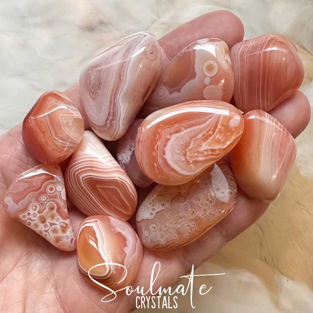 Soulmate Crystals Apricot Agate Tumbled Stone, White Banded Light Orange-Peach-Pink Crystal for Calm, Grounding, Balance, Rare Botswana Agate.