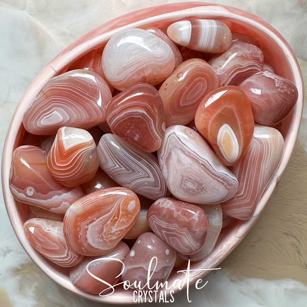 Soulmate Crystals Apricot Agate Tumbled Stone, White Banded Light Orange-Peach-Pink Crystal for Calm, Grounding, Balance, Rare Botswana Agate.