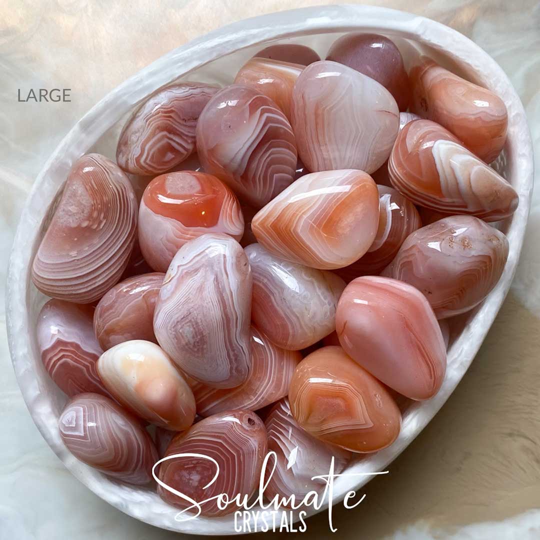 Soulmate Crystals Apricot Agate Tumbled Stone, White Banded Light Orange-Peach-Pink Crystal for Calm, Grounding, Balance, Rare Botswana Agate.