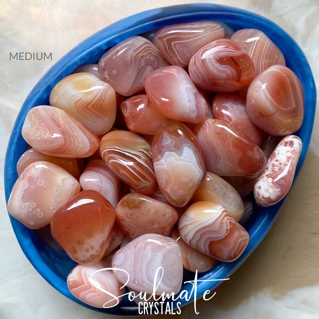 Soulmate Crystals Apricot Agate Tumbled Stone, White Banded Light Orange-Peach-Pink Crystal for Calm, Grounding, Balance, Rare Botswana Agate.