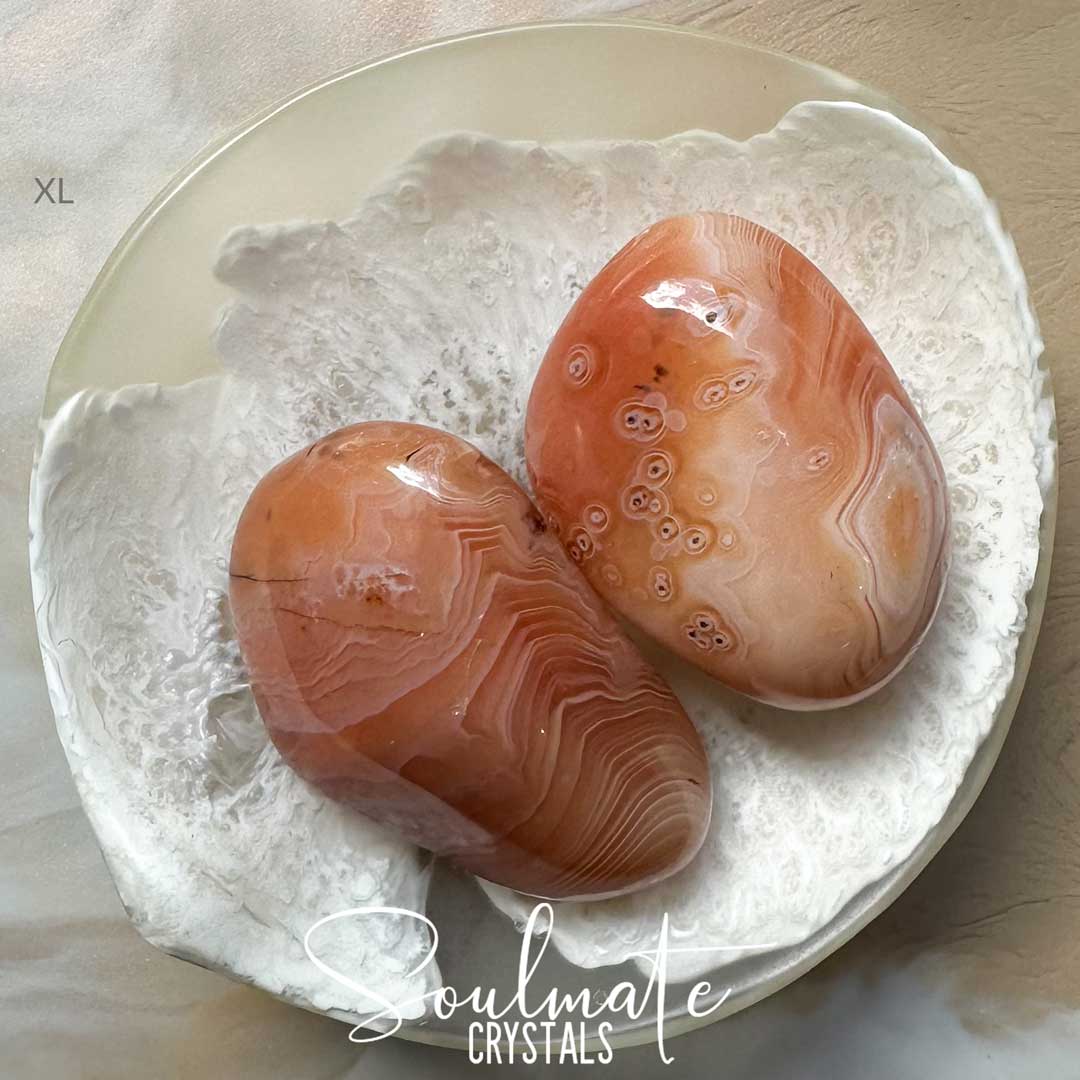 Soulmate Crystals Apricot Agate Tumbled Stone, White Banded Light Orange-Peach-Pink Crystal for Calm, Grounding, Balance, Rare Botswana Agate.
