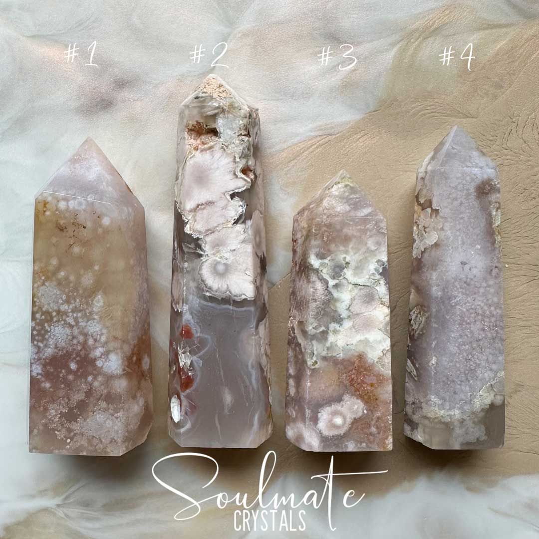 Soulmate Crystals Agate Flower Blossom Polished Crystal Point, Pink Peach Semi Translucent Crystal for Positivity and Expansion