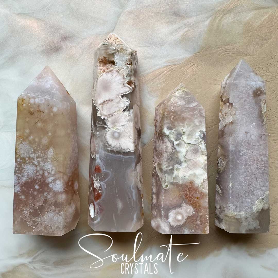 Soulmate Crystals Agate Flower Blossom Polished Crystal Point, Pink Peach Semi Translucent Crystal for Positivity and Expansion