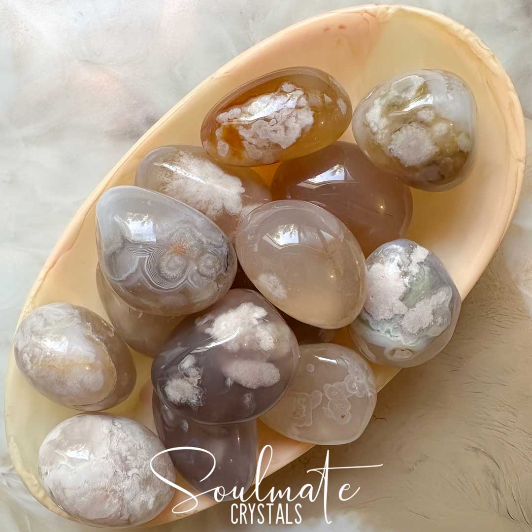Soulmate Crystals Agate Blossom Flower Agate, Milky Taupe crystal for Conscious Expansion, Nurturing, Encouragement, Transformation.