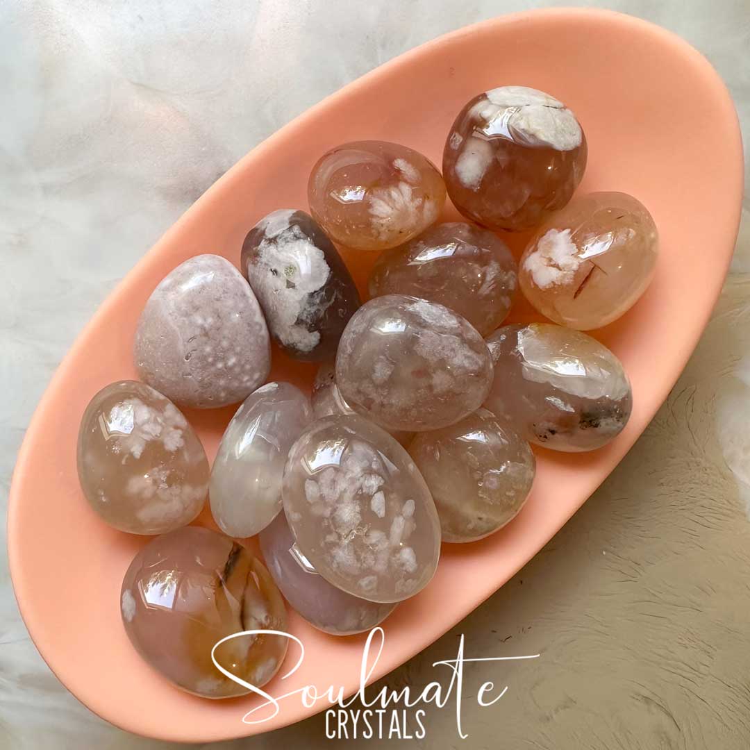 Soulmate Crystals Cherry Blossom Flower Agate Tumbled Stone, Blush Crystal for Manifestation, Positivity and Expansion.