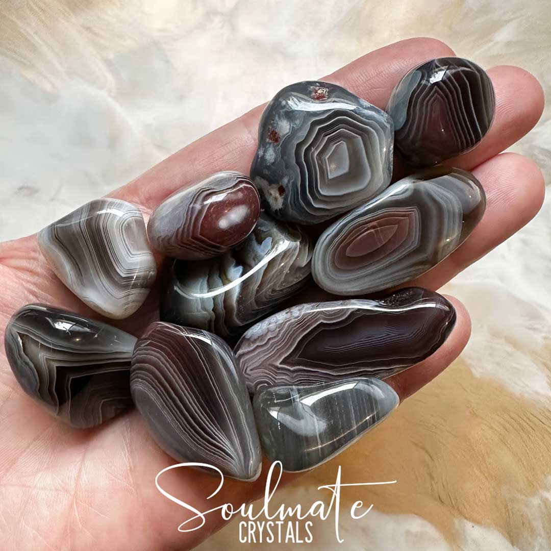 Soulmate Crystals Agate Botswana Grey Tumbled Stone, Banded Brown, Grey, Black Neutral Toned Crystal for Visioning, Mental Clarity, Stability, Self-Confidence, Nurturing, Comfort, Protection, Strength.