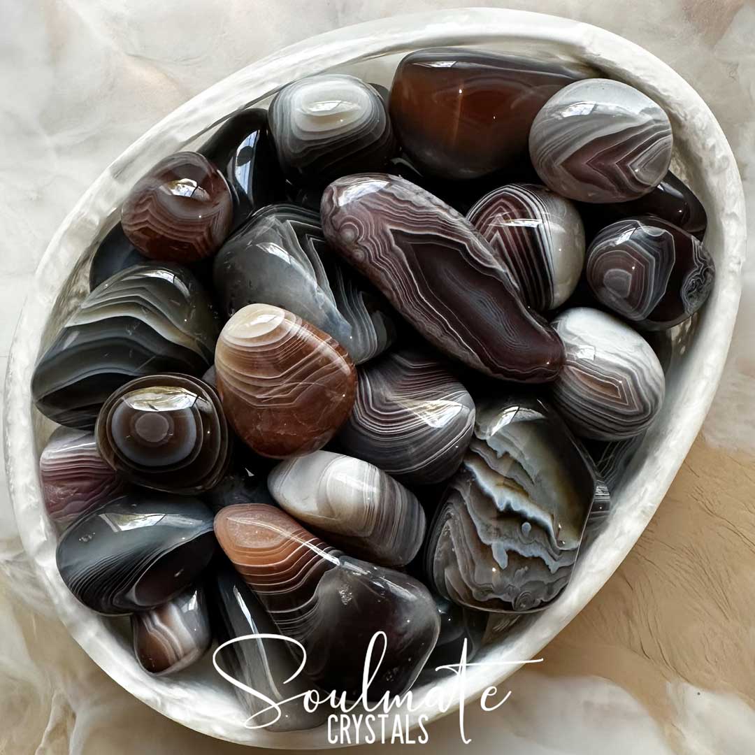 Soulmate Crystals Agate Botswana Grey Tumbled Stone, Banded Brown, Grey, Black Neutral Toned Crystal for Visioning, Mental Clarity, Stability, Self-Confidence, Nurturing, Comfort, Protection, Strength.