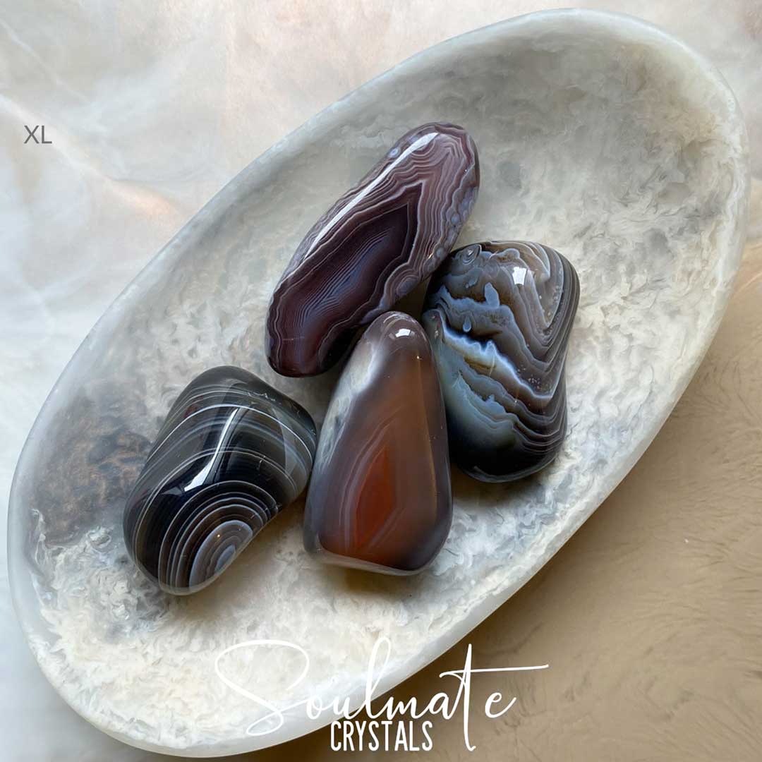 Soulmate Crystals Agate Botswana Grey Tumbled Stone, Banded Brown, Grey, Black Neutral Toned Crystal for Visioning, Mental Clarity, Stability, Self-Confidence, Nurturing, Comfort, Protection, Strength.