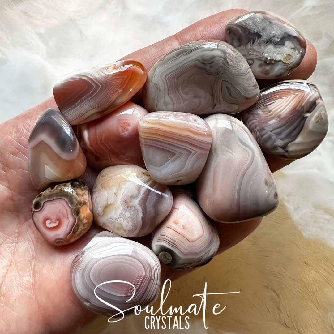 Soulmate Crystals Agate Pink Botswana Tumbled Stone, Banded Pink Grey Crystal for Love, Protection, Emotional Wellbeing, Creativity.