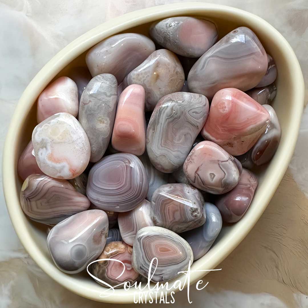 Soulmate Crystals Agate Pink Botswana Tumbled Stone, Banded Pink Grey Crystal for Love, Protection, Emotional Wellbeing, Creativity.