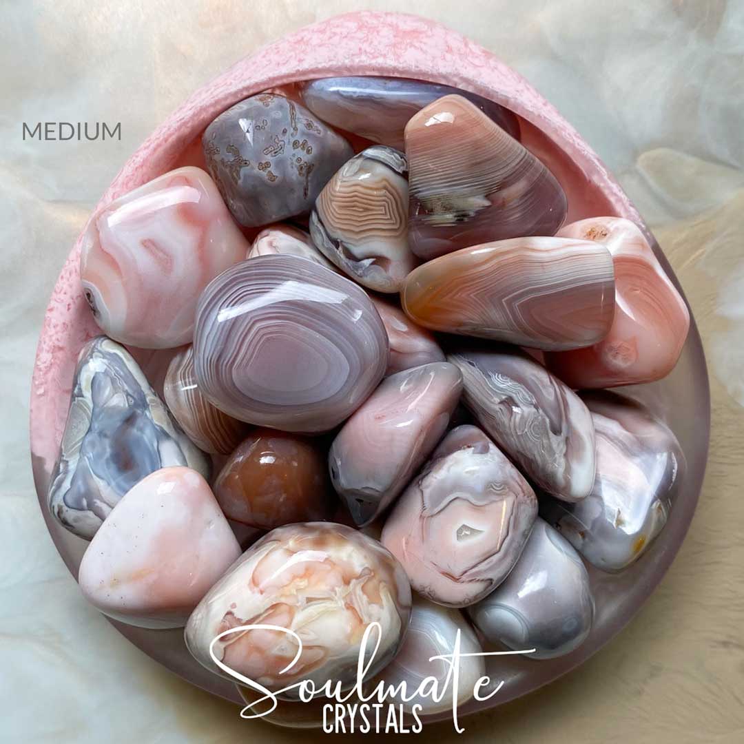 Soulmate Crystals Agate Pink Botswana Tumbled Stone, Banded Pink Grey Crystal for Love, Protection, Emotional Wellbeing, Creativity.