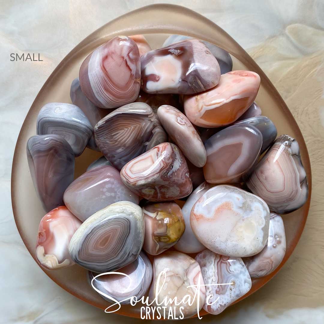 Soulmate Crystals Agate Pink Botswana Tumbled Stone, Banded Pink Grey Crystal for Love, Protection, Emotional Wellbeing, Creativity.