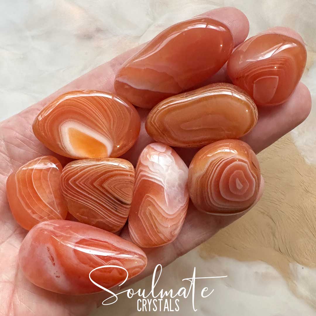 Soulmate Crystals Agate Carnelian Banded Tumbled Stone, Polished Orange-Peach White Banded Crystal for Mindfulness, Vitality, Creativity, Abundance, Joyfulness.
