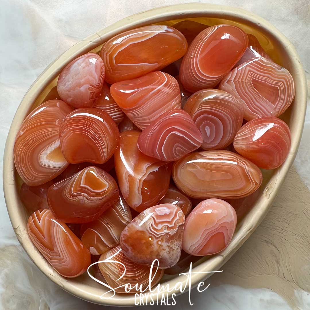 Soulmate Crystals Agate Carnelian Banded Tumbled Stone, Polished Orange-Peach White Banded Crystal for Mindfulness, Vitality, Creativity, Abundance, Joyfulness.
