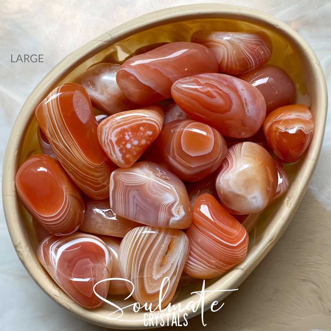 Soulmate Crystals Agate Carnelian Banded Tumbled Stone, Polished Orange-Peach White Banded Crystal for Mindfulness, Vitality, Creativity, Abundance, Joyfulness.