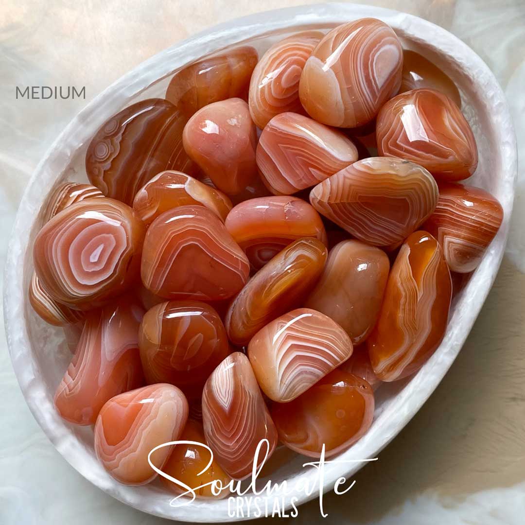 Soulmate Crystals Agate Carnelian Banded Tumbled Stone, Polished Orange-Peach White Banded Crystal for Mindfulness, Vitality, Creativity, Abundance, Joyfulness.