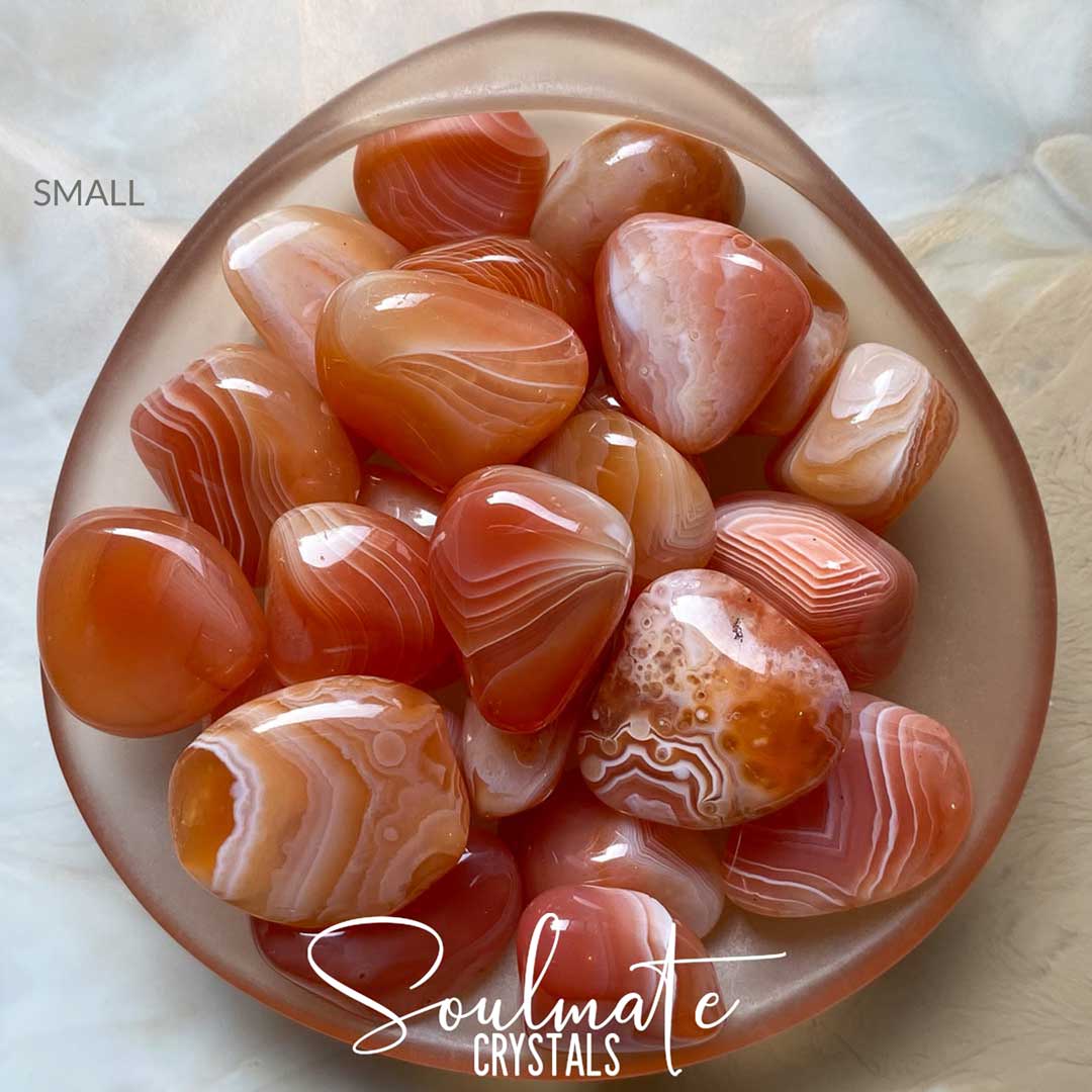 Soulmate Crystals Agate Carnelian Banded Tumbled Stone, Polished Orange-Peach White Banded Crystal for Mindfulness, Vitality, Creativity, Abundance, Joyfulness.