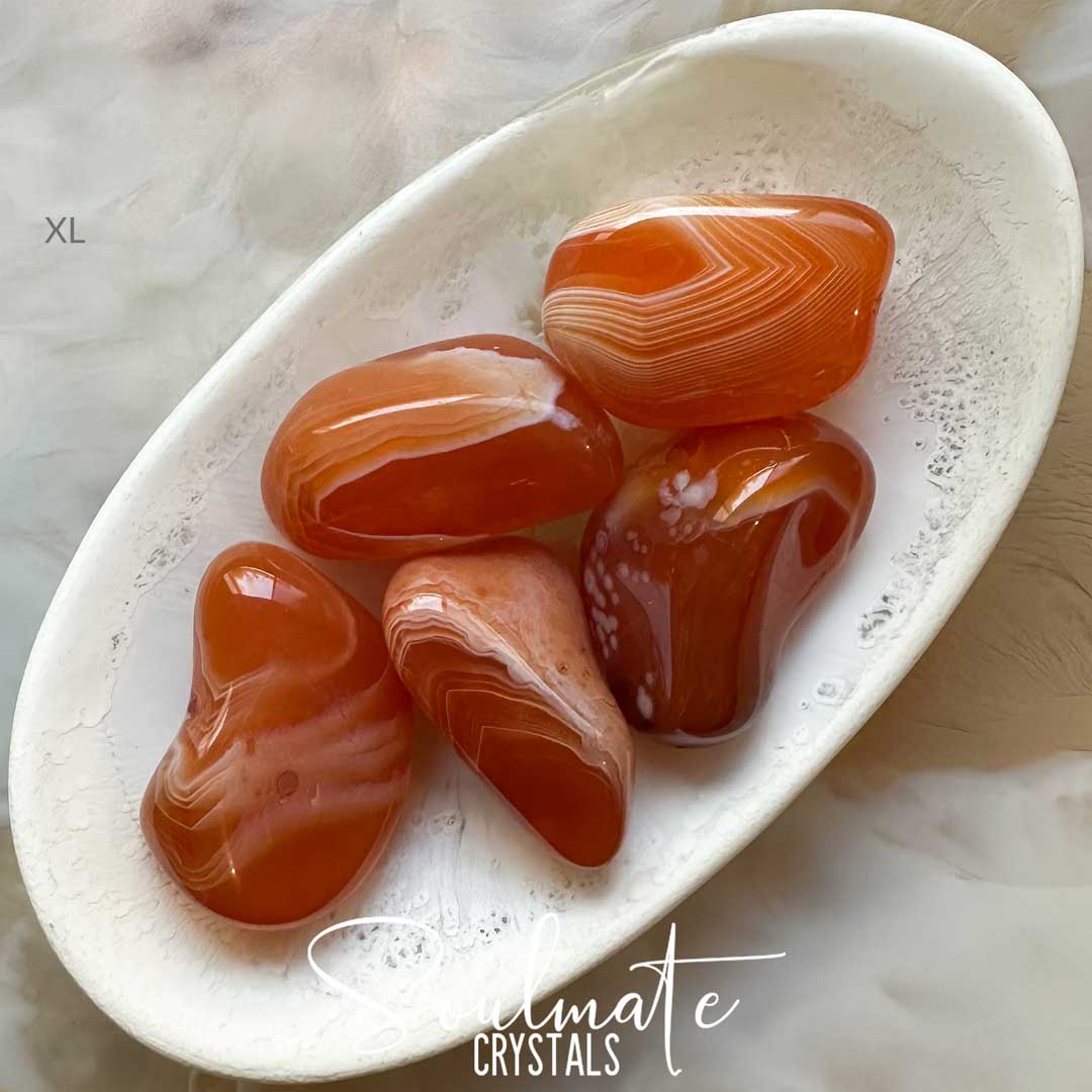 Soulmate Crystals Agate Carnelian Banded Tumbled Stone, Polished Orange-Peach White Banded Crystal for Mindfulness, Vitality, Creativity, Abundance, Joyfulness.