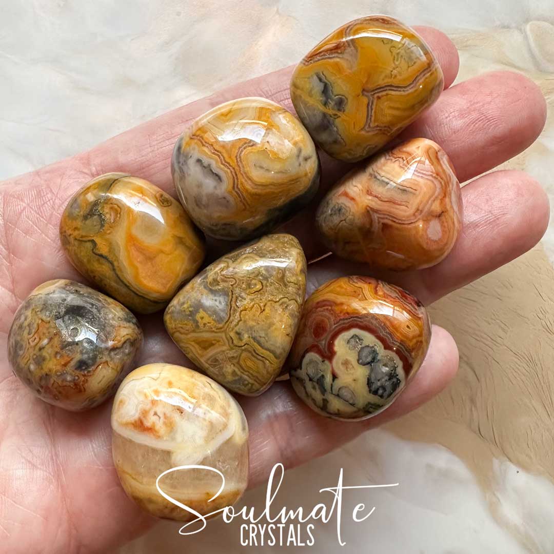 Soulmate Crystals Agate Crazy Lace Yellow Tumbled Stone, Banded Gold Grey Marigold Crystal for Laughter, Happiness, Vitality and Emotional Wellbeing.