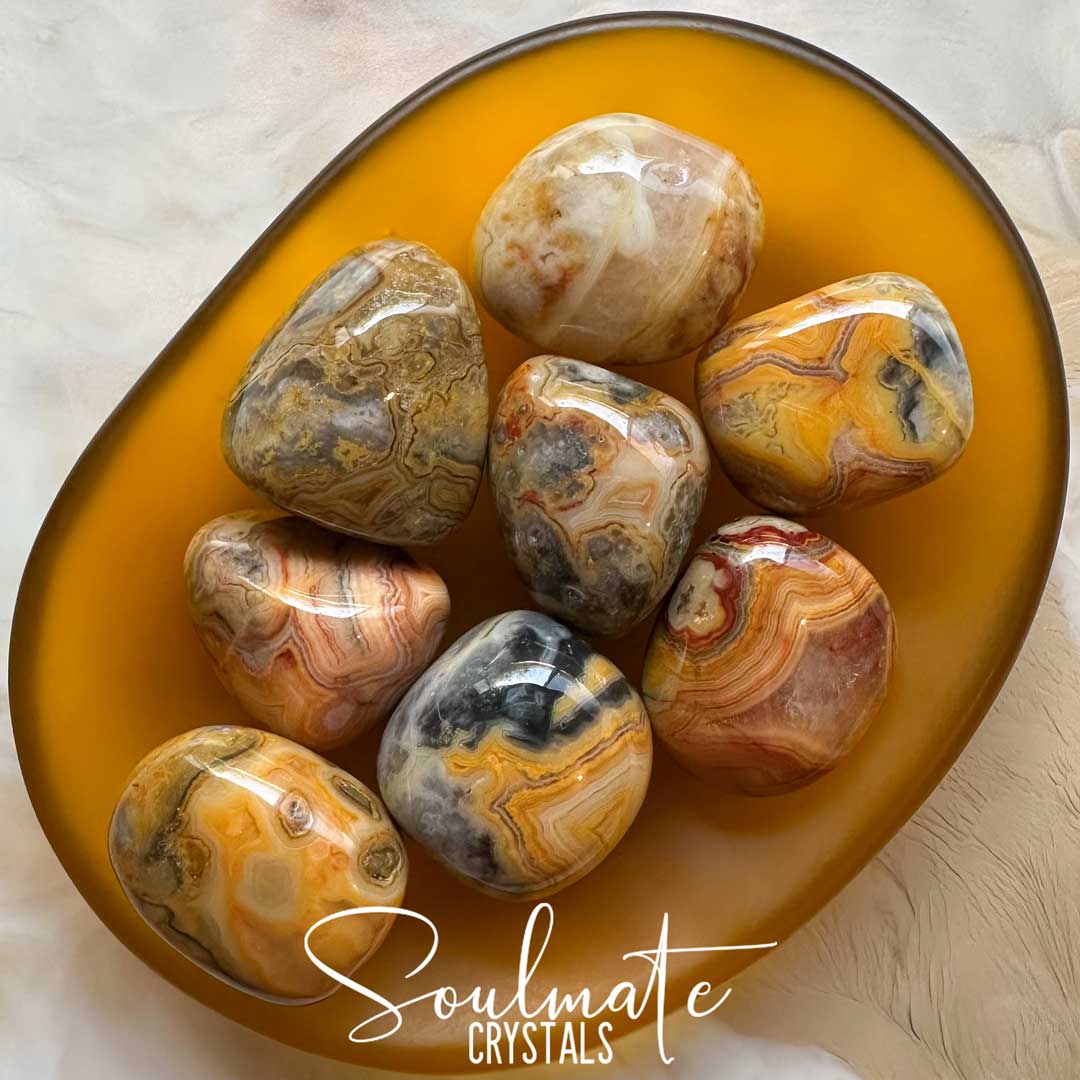 Soulmate Crystals Agate Crazy Lace Yellow Tumbled Stone, Banded Gold Grey Marigold Crystal for Laughter, Happiness, Vitality and Emotional Wellbeing.