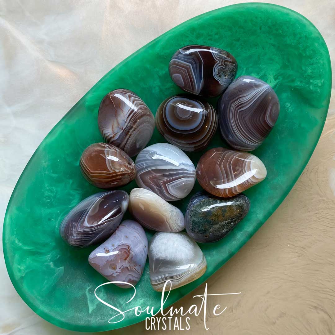 Soulmate Crystals Botswana Agate Grey Tumbled Stone, Banded Brown, Grey, Neutral Toned Crystal for Visioning, Mental Clarity, Stability, Self-Confidence, Nurturing, Comfort, Protection, Strength.