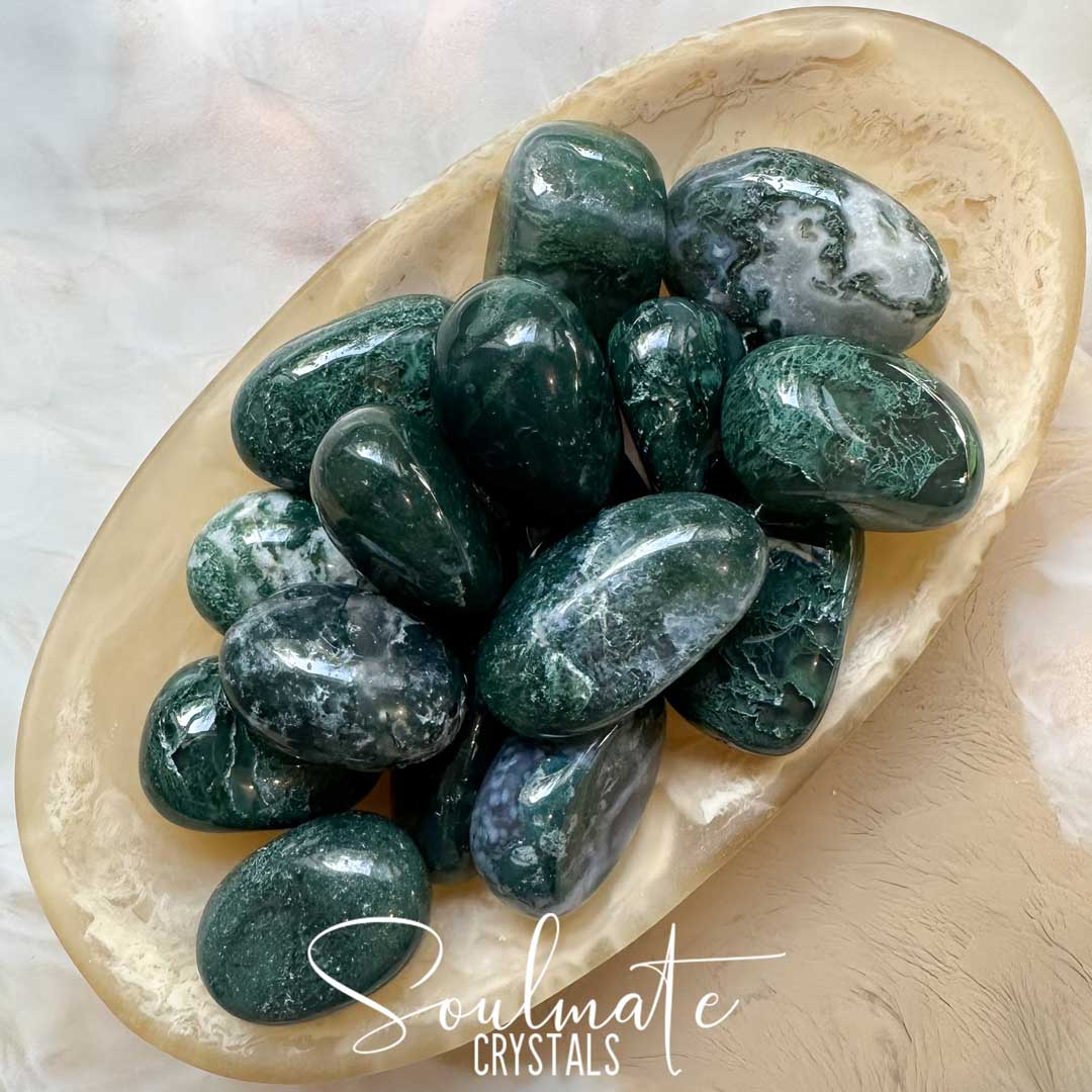 Soulmate Crystals Moss Agate Green Tumbled Stone, Mossy Green Crystal for Balance, Life Purpose, New Beginnings.