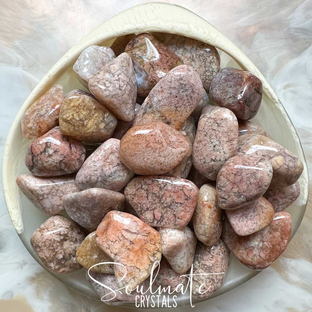 Soulmate Crystals Pink Moss Agate Tumbled Stone, Pink Peach Beige Polished Crystals for Self-Love, Comfort, Cosy Crystals.