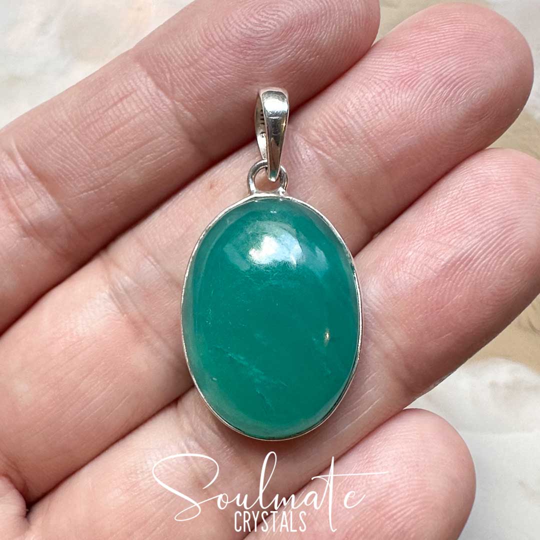 Soulmate Crystals Gel Amazonite Polished Crystal Pendant Oval Sterling Silver, Gemmy Teal Blue Crystal for Hope, Tranquility, Pendant, Jewellery, Jewelry, Wearable Crystal Jewellery.