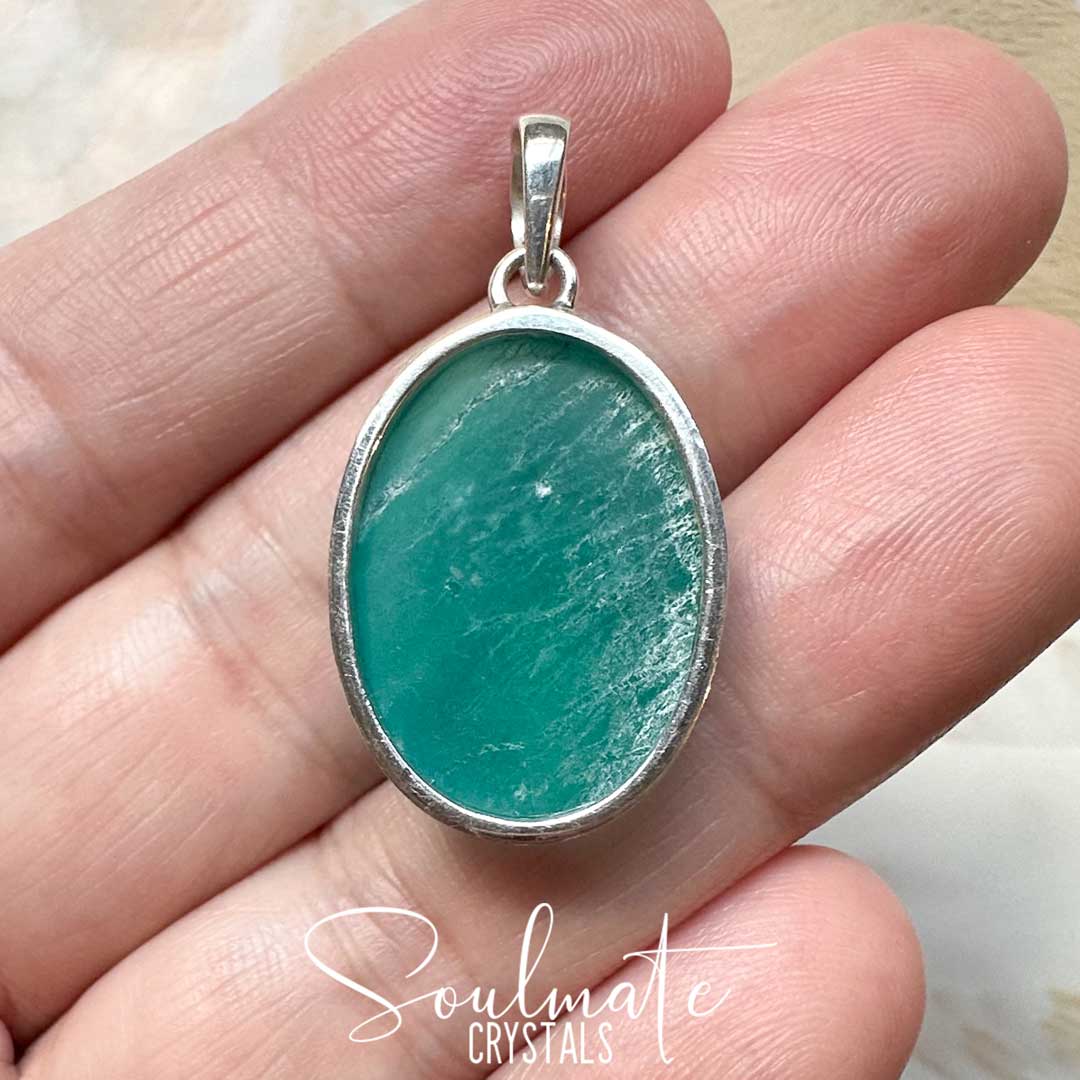 Soulmate Crystals Gel Amazonite Polished Crystal Pendant Oval Sterling Silver, Gemmy Teal Blue Crystal for Hope, Tranquility, Pendant, Jewellery, Jewelry, Wearable Crystal Jewellery.