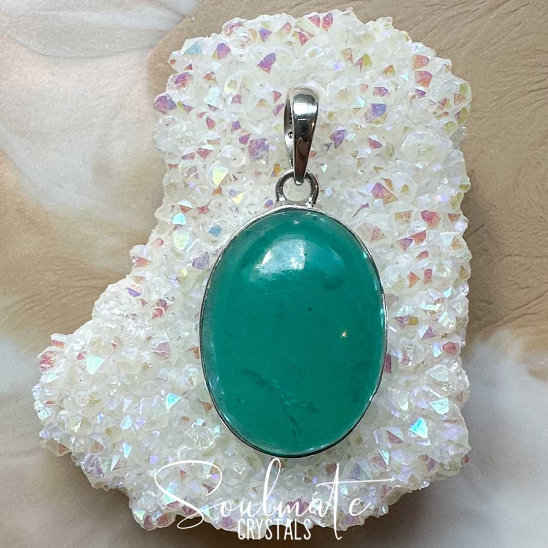 Soulmate Crystals Gel Amazonite Polished Crystal Pendant Oval Sterling Silver, Gemmy Teal Blue Crystal for Hope, Tranquility, Pendant, Jewellery, Jewelry, Wearable Crystal Jewellery.