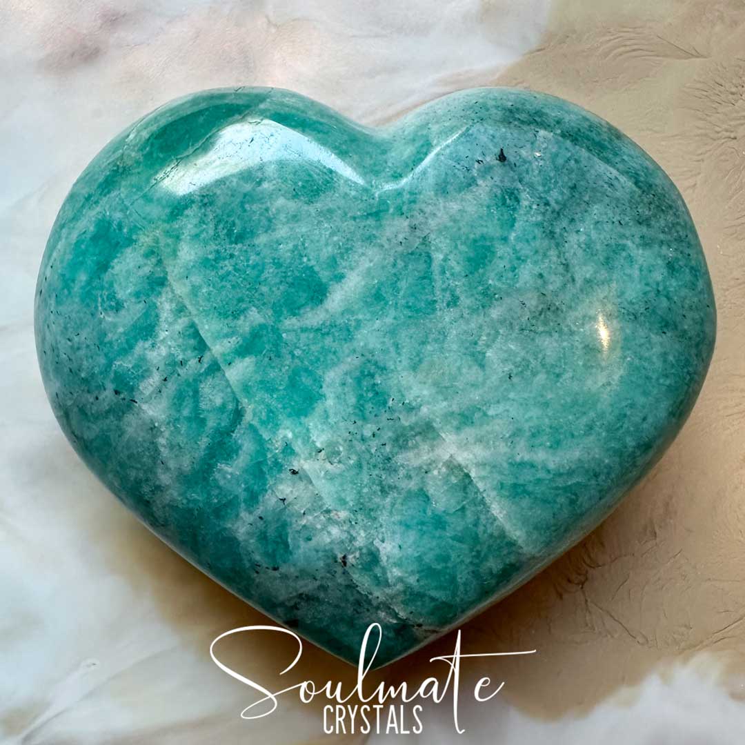 Soulmate Crystals Amazonite Polished Crystal Heart, Teal Blue Crystal for Hope, Tranquility, Communication, Boundaries.