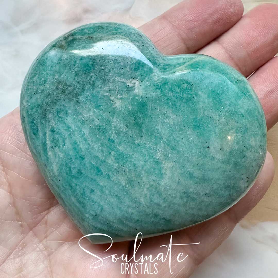 Soulmate Crystals Amazonite Polished Crystal Heart, Teal Blue Crystal for Hope, Tranquility, Communication, Boundaries.