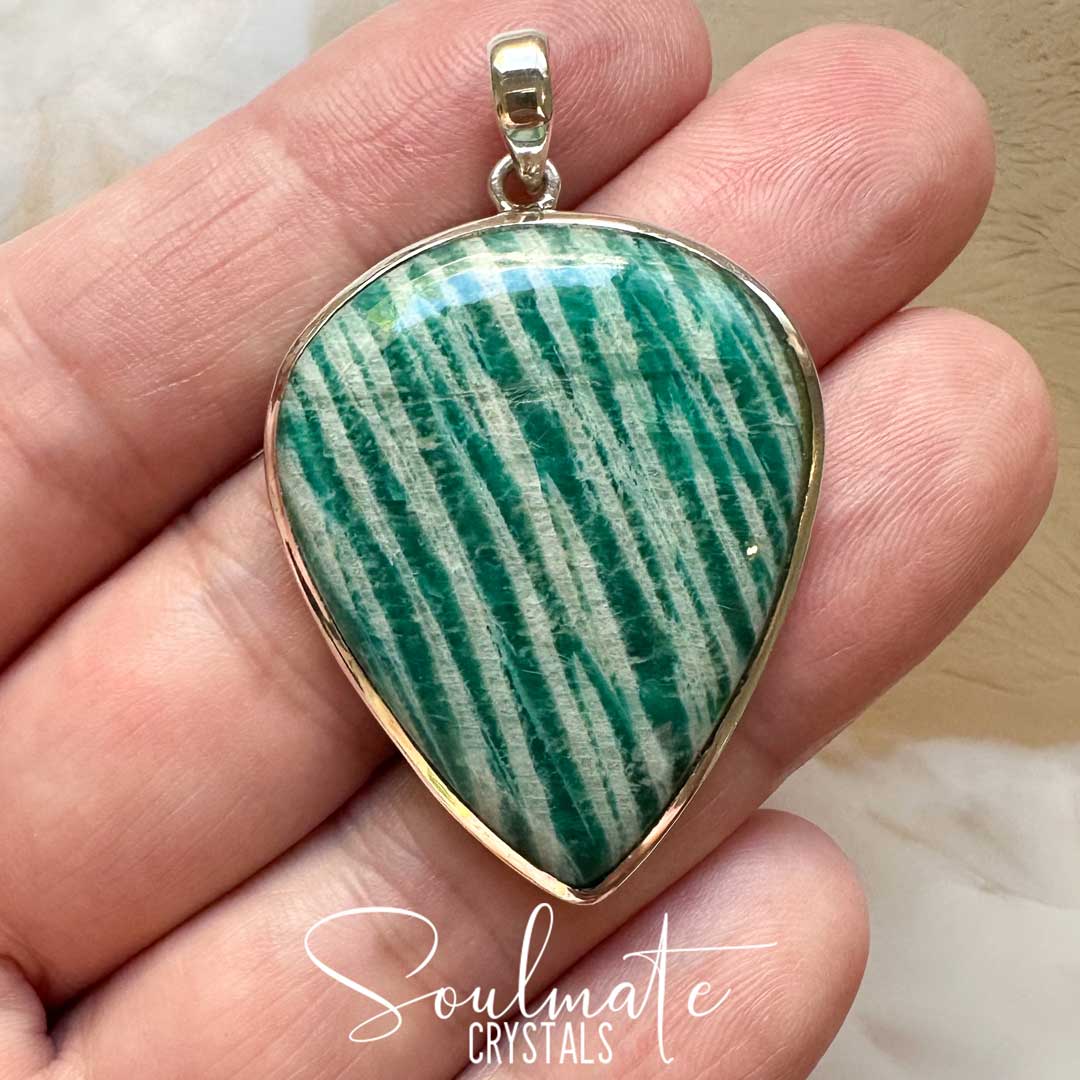 Soulmate Crystals Amazonite Polished Crystal Pendant Reverse Teardrop Sterling Silver, Gemmy Teal Blue Green Crystal for Hope, Tranquility, Pendant, Jewellery, Jewelry, Wearable Crystal Jewellery.