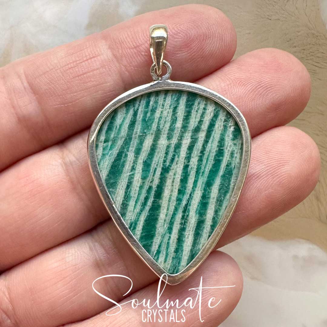 Soulmate Crystals Amazonite Polished Crystal Pendant Reverse Teardrop Sterling Silver, Gemmy Teal Blue Green Crystal for Hope, Tranquility, Pendant, Jewellery, Jewelry, Wearable Crystal Jewellery.