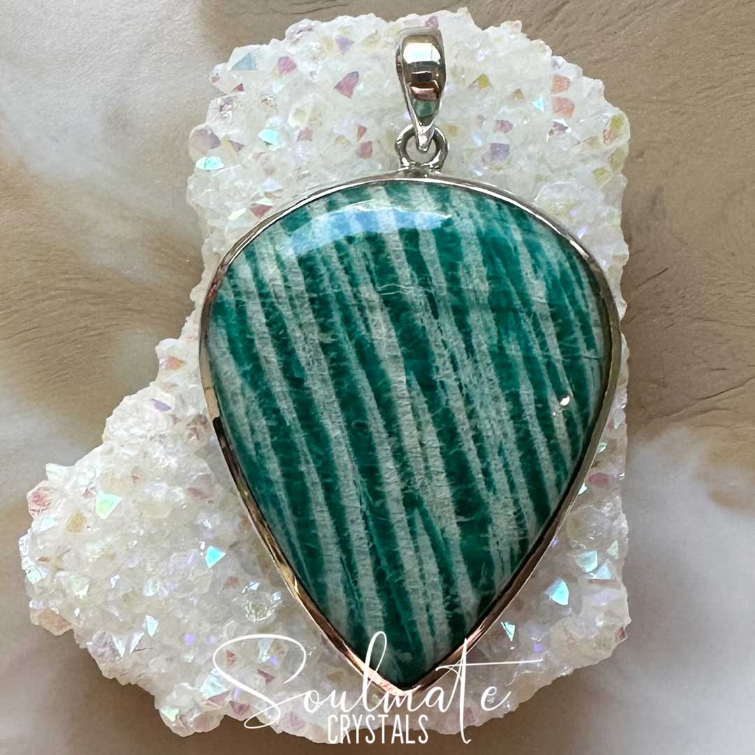 Soulmate Crystals Amazonite Polished Crystal Pendant Reverse Teardrop Sterling Silver, Gemmy Teal Blue Green Crystal for Hope, Tranquility, Pendant, Jewellery, Jewelry, Wearable Crystal Jewellery.