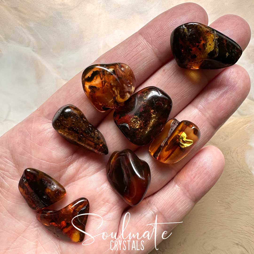Soulmate Crystals Amber Baltic Tumbled Stone, Polished Golden Red Amber Crystal for Nurturing, Protection and Ancient Wisdom, Warmth, Comfort, Size XS, Extra Small