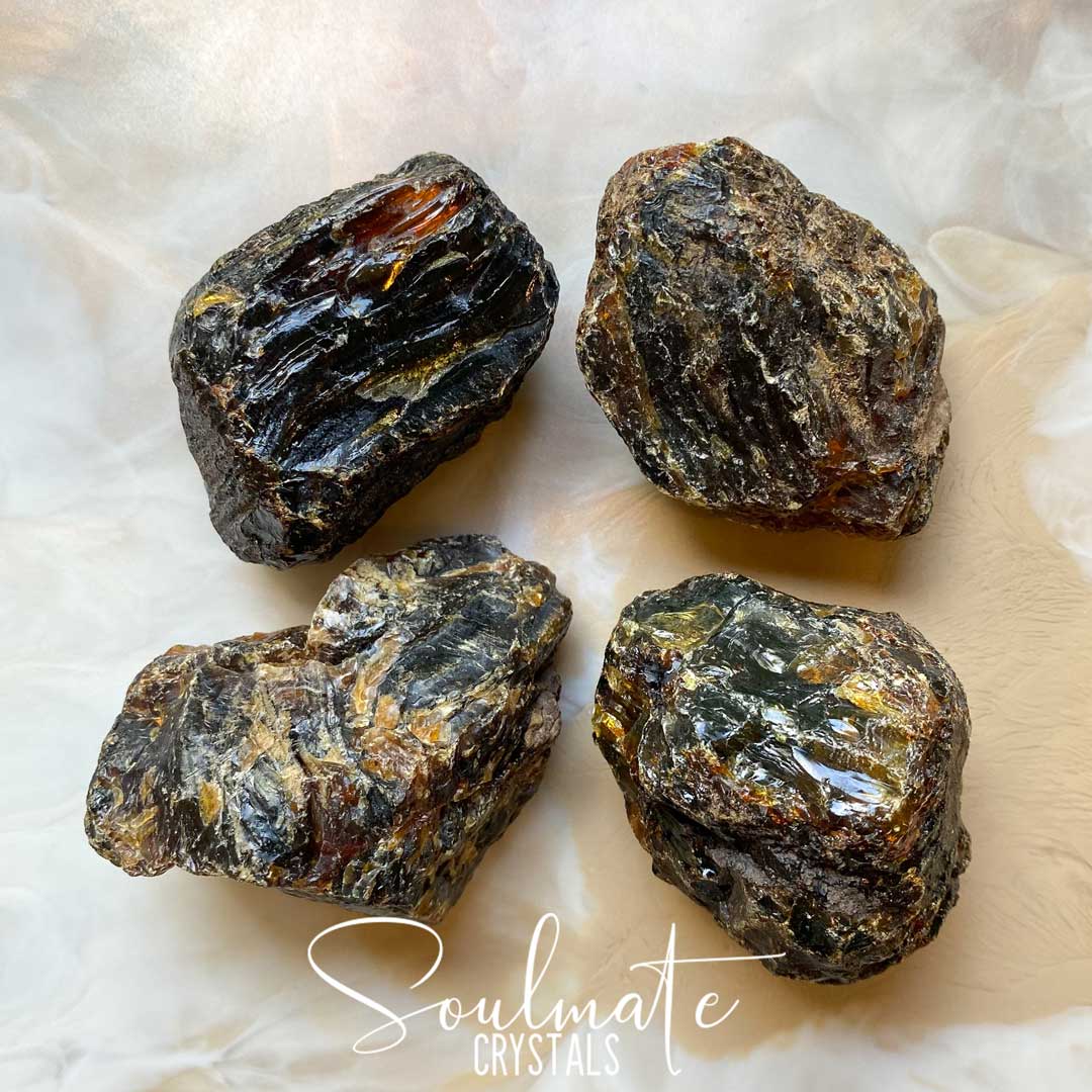 Soulmate Crystals Blue Amber Raw Natural Stone, Polished Dark Golden Amber Crystal for Peace, Stability, Spiritual Development, Fluoresces Blue