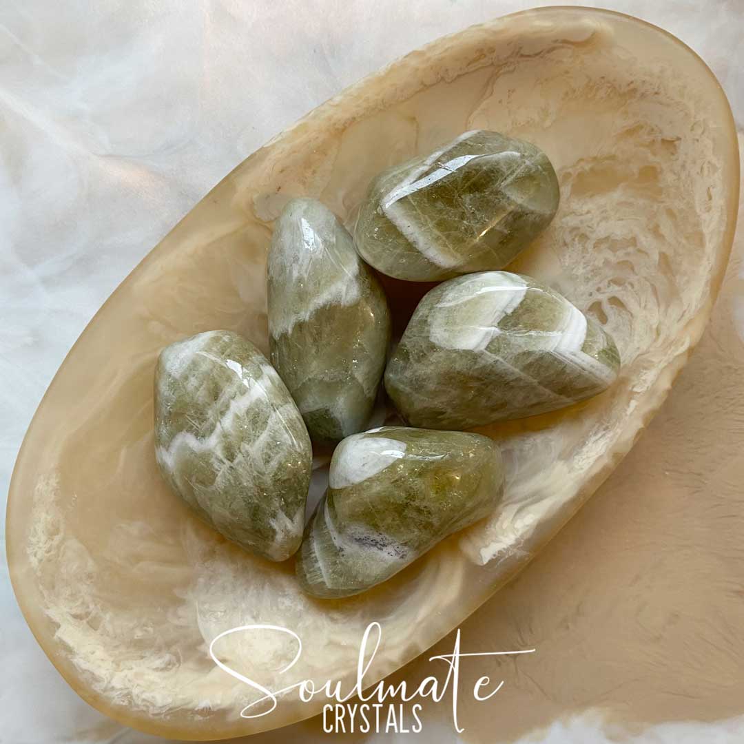 Soulmate Crystals Prasiolite Amegreen Tumbled Stone, Green Banded Crystal for Regeneration, Balance, Growth.