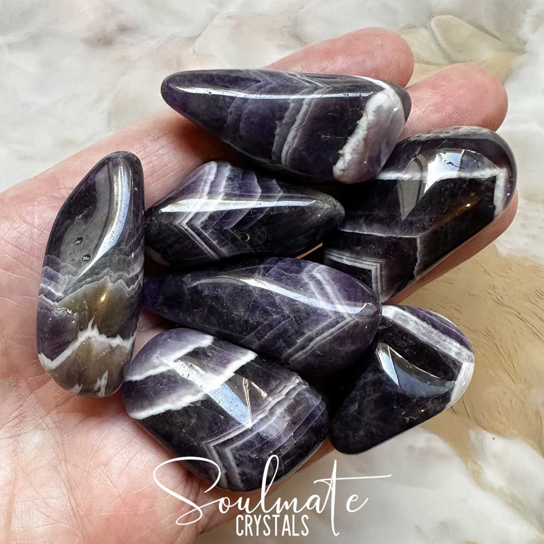 Soulmate Crystals Amethyst Chevron Tumbled Stone, Polished Purple White V-Shape Banded Crystal for Calm, Serenity, Relaxation.
