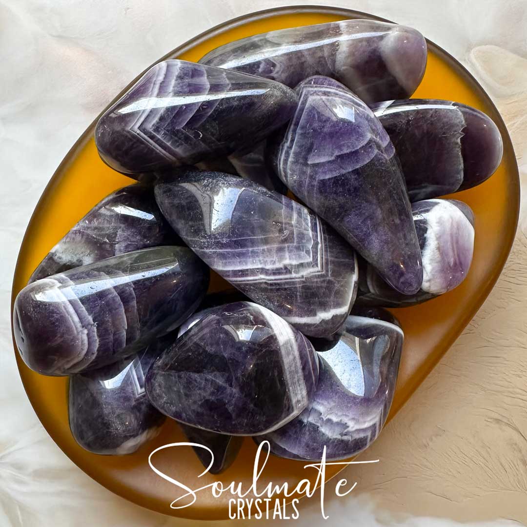Soulmate Crystals Amethyst Chevron Tumbled Stone, Polished Purple White V-Shape Banded Crystal for Calm, Serenity, Relaxation.