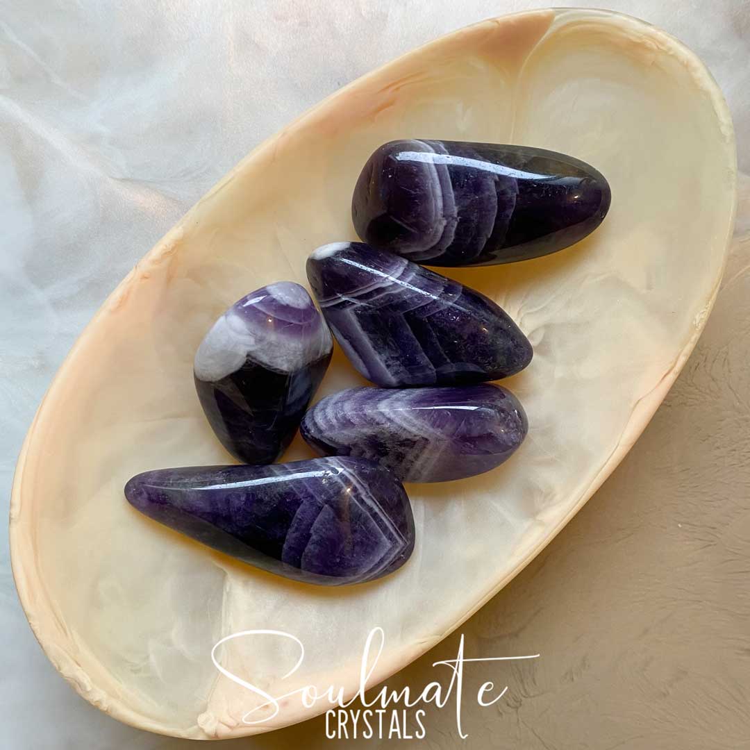 Soulmate Crystals Amethyst Chevron Tumbled Stone, Polished Purple Crystal for Calm, Serenity and Reduce Anxiety.