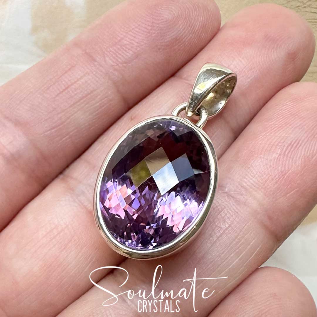 Soulmate Crystals Amethyst Faceted Polished Crystal Pendant Oval Sterling Silver Grade AA, Purple Crystal, for Calm, Serenity and Reduce Anxiety, Crystal Jewellery.