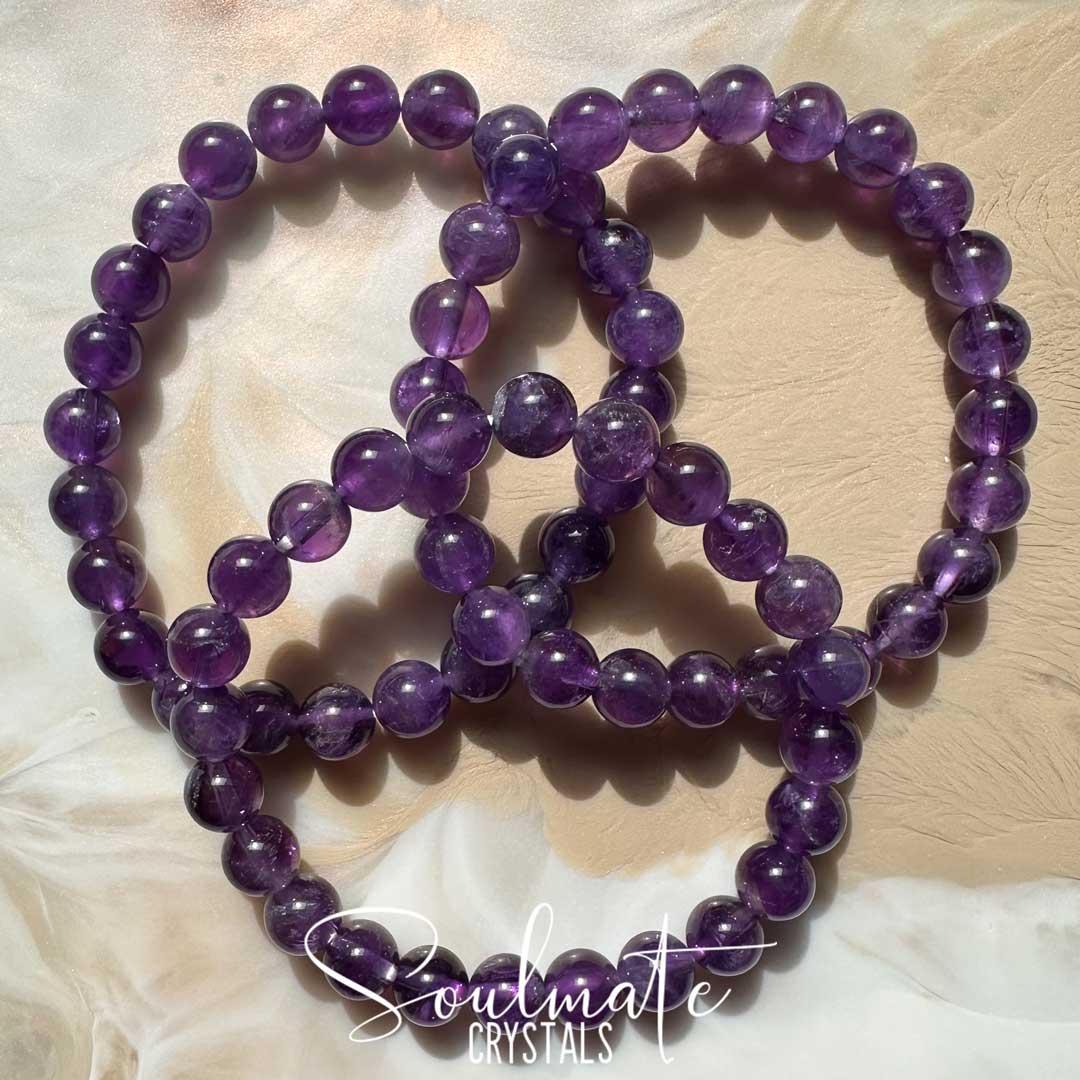 Soulmate Crystals Amethyst Polished Crystal Bracelet, Purple Crystal, for Calm, Serenity and Reduce Unease, One Size Fits Most, Crystal Jewellery, Stretchy Beaded Crystal Bracelet.