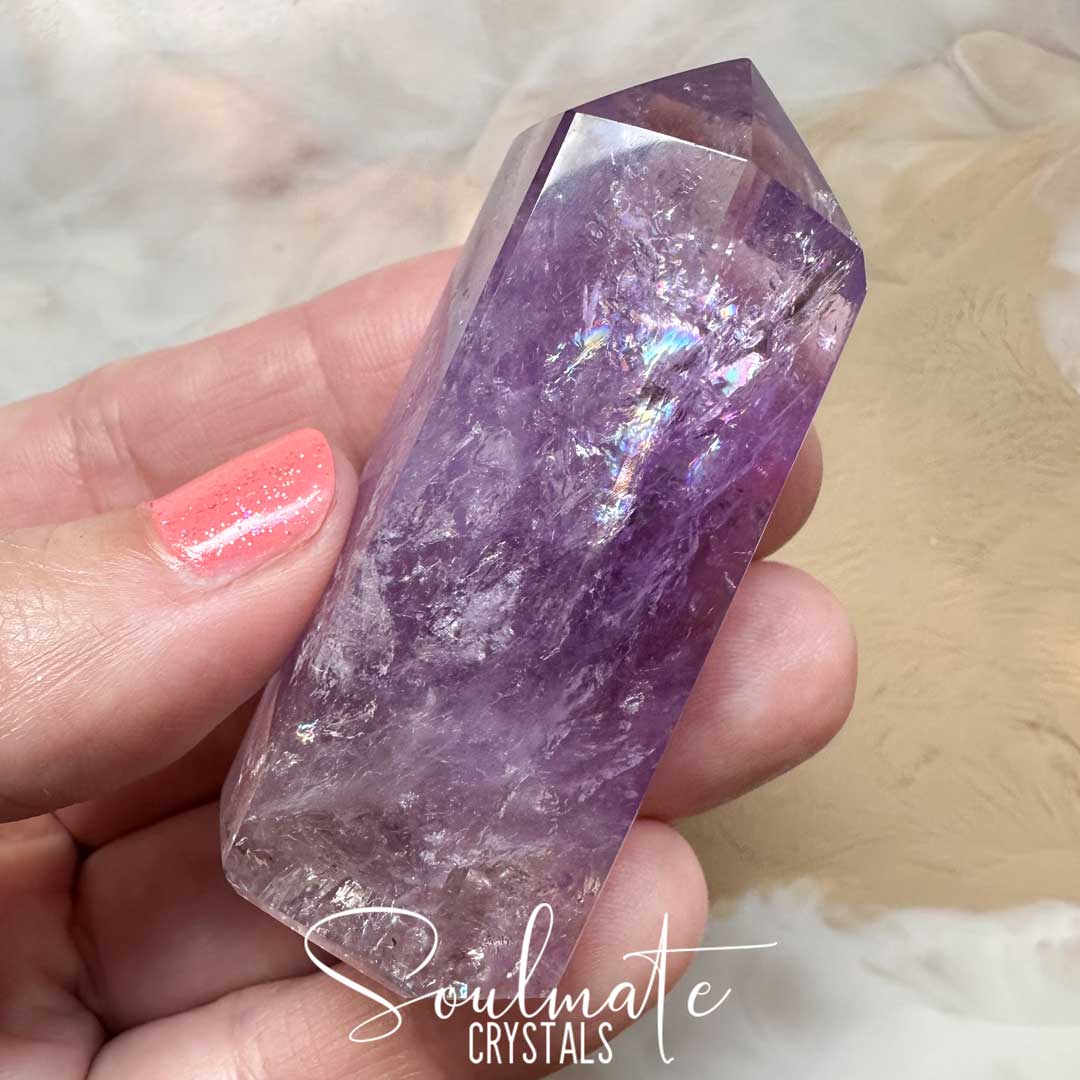 Soulmate Crystals Amethyst Polished Crystal Point, Purple Crystal Generator for Calm, Serenity, Spiritual Growth, Balance, Protection, Peace, Intuition.