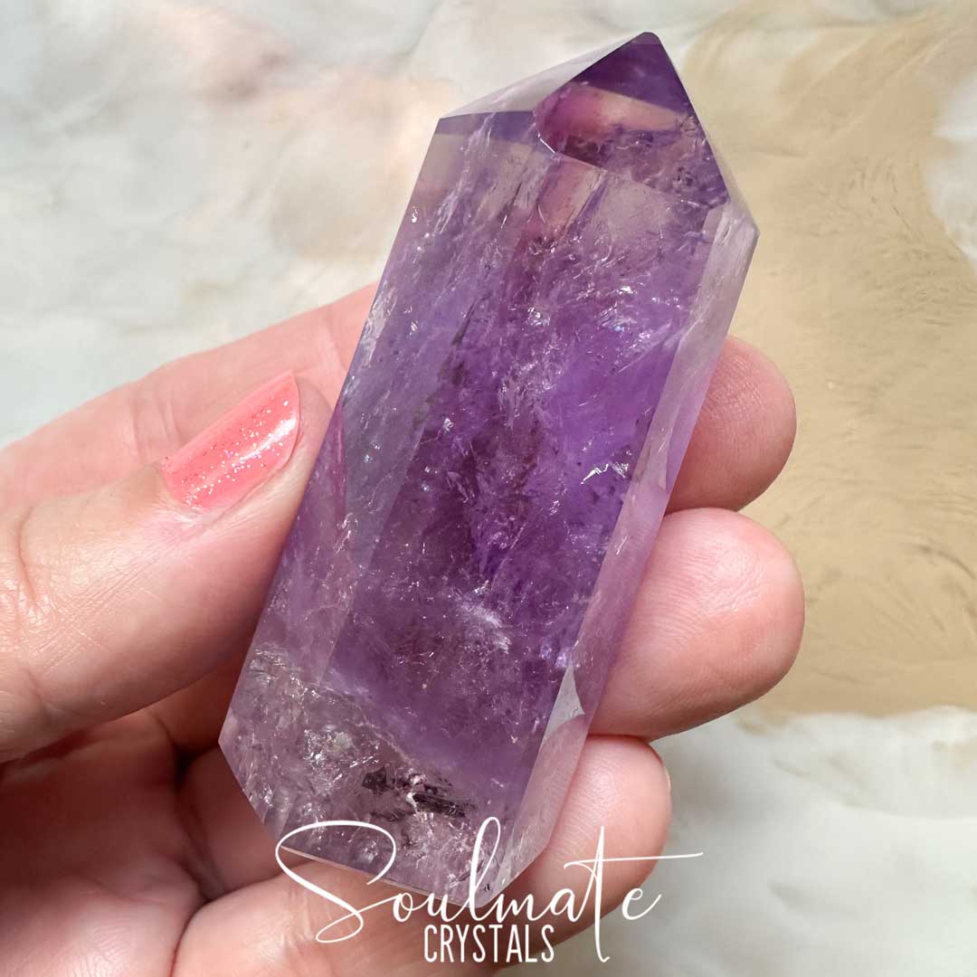 Soulmate Crystals Amethyst Polished Crystal Point, Purple Crystal Generator for Calm, Serenity, Spiritual Growth, Balance, Protection, Peace, Intuition.