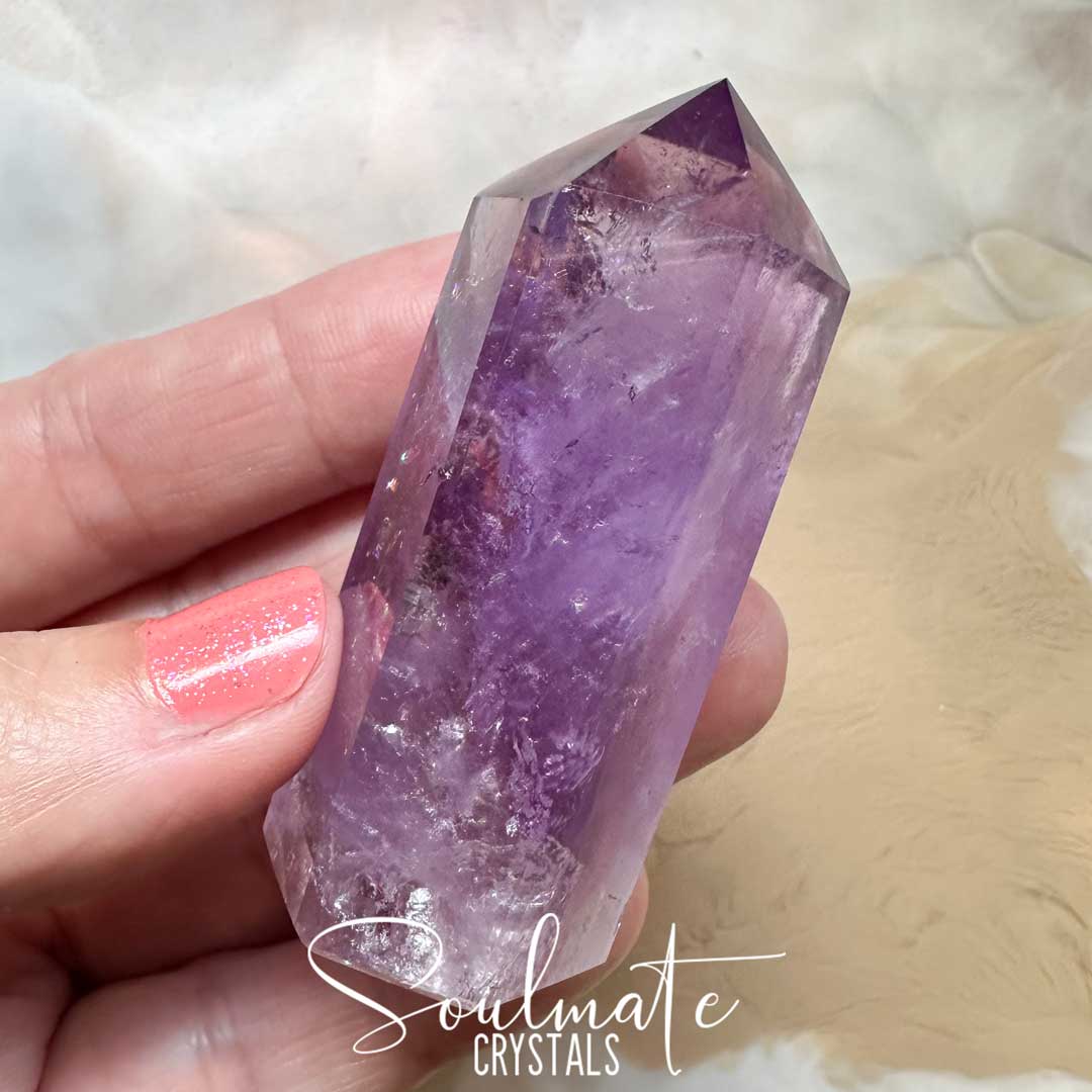 Soulmate Crystals Amethyst Polished Crystal Point, Purple Crystal Generator for Calm, Serenity, Spiritual Growth, Balance, Protection, Peace, Intuition.