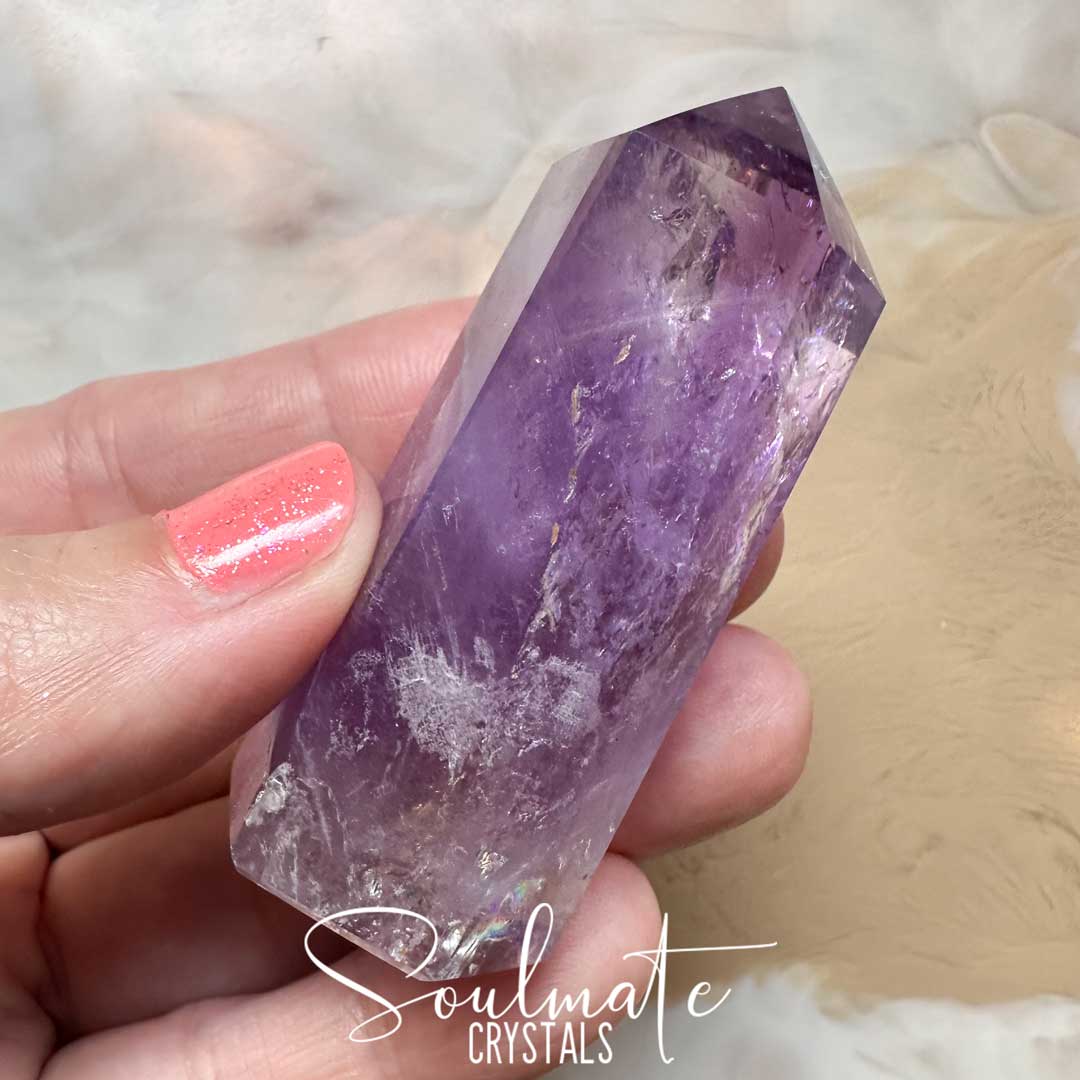 Soulmate Crystals Amethyst Polished Crystal Point, Purple Crystal Generator for Calm, Serenity, Spiritual Growth, Balance, Protection, Peace, Intuition.