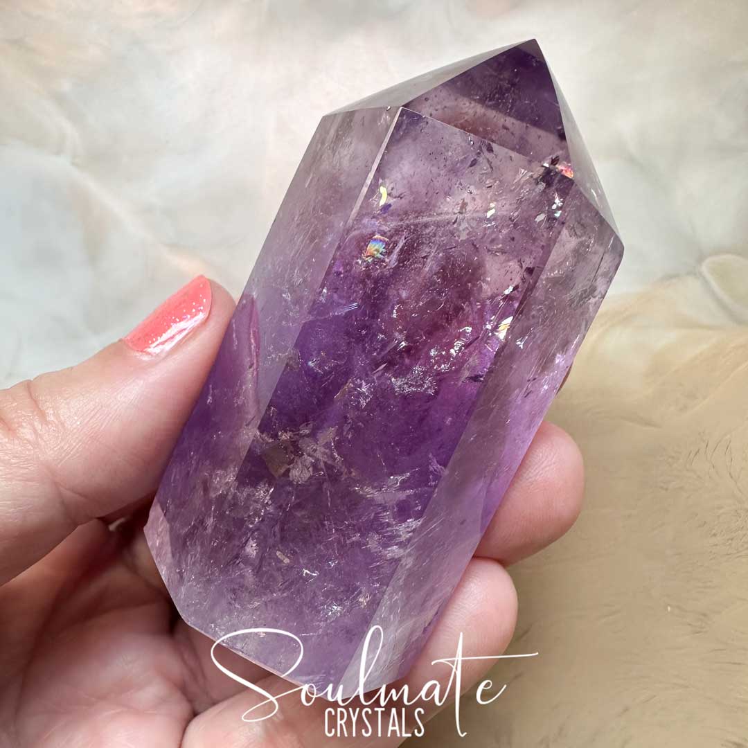 Soulmate Crystals Amethyst Polished Crystal Point, Purple Crystal Generator for Calm, Serenity, Spiritual Growth, Balance, Protection, Peace, Intuition.