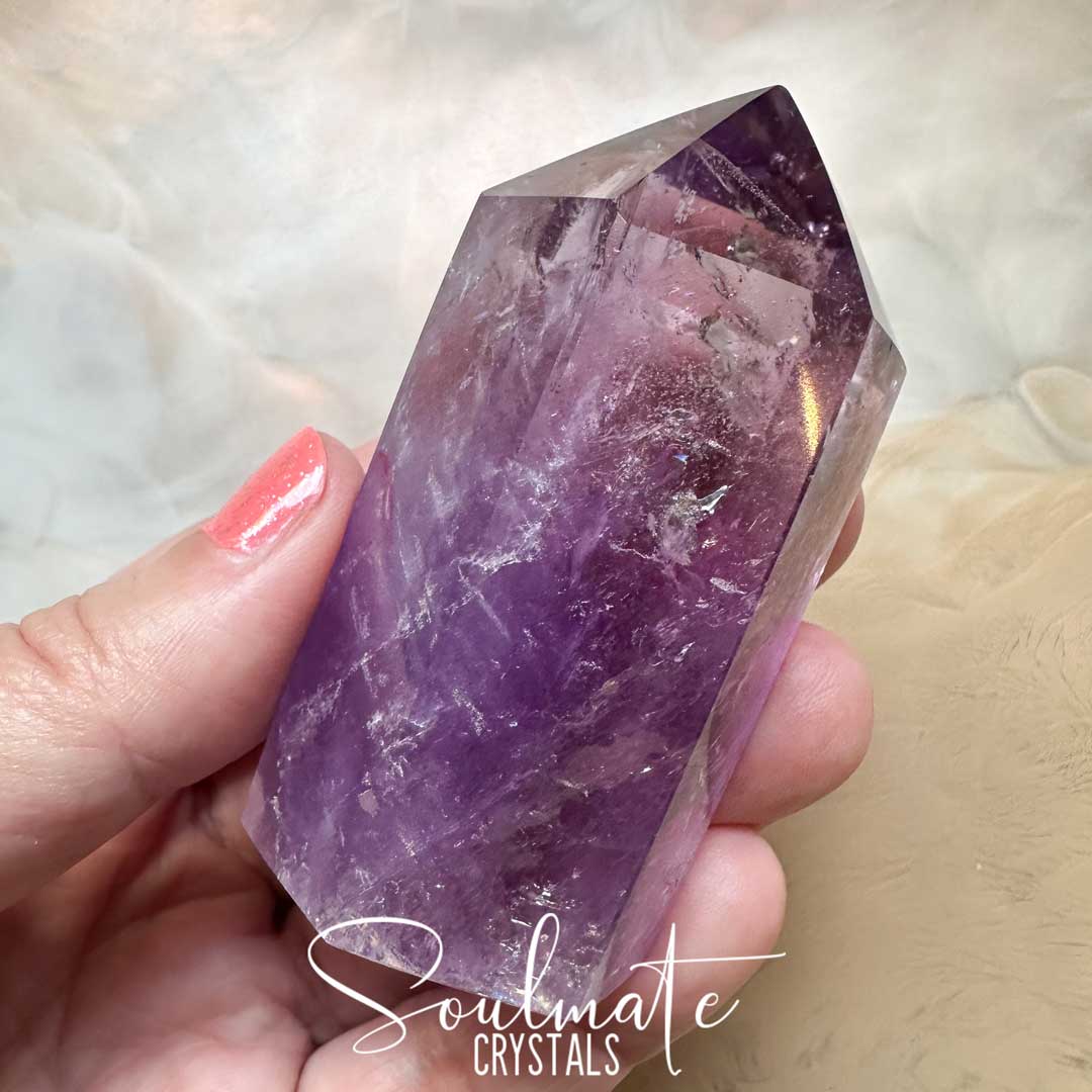 Soulmate Crystals Amethyst Polished Crystal Point, Purple Crystal Generator for Calm, Serenity, Spiritual Growth, Balance, Protection, Peace, Intuition.