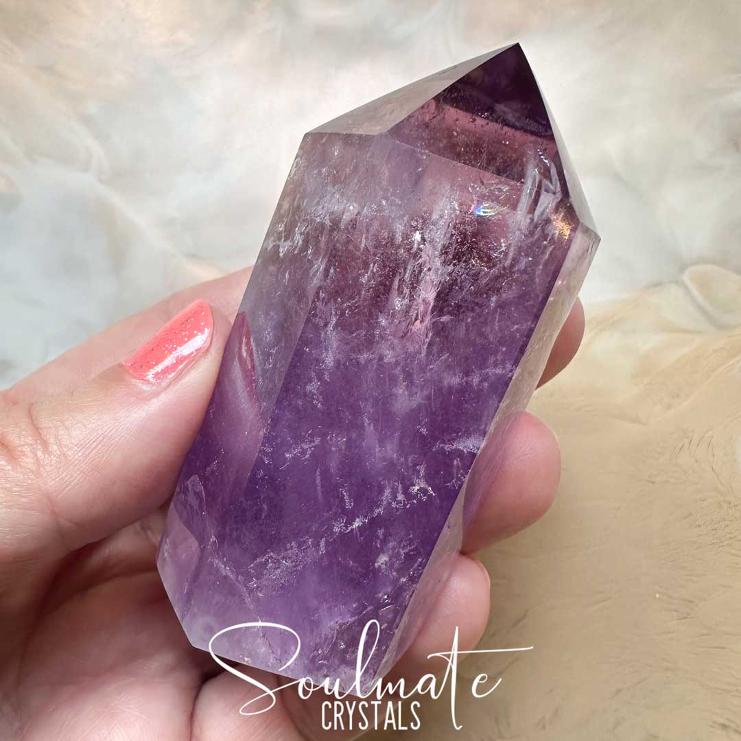 Soulmate Crystals Amethyst Polished Crystal Point, Purple Crystal Generator for Calm, Serenity, Spiritual Growth, Balance, Protection, Peace, Intuition.